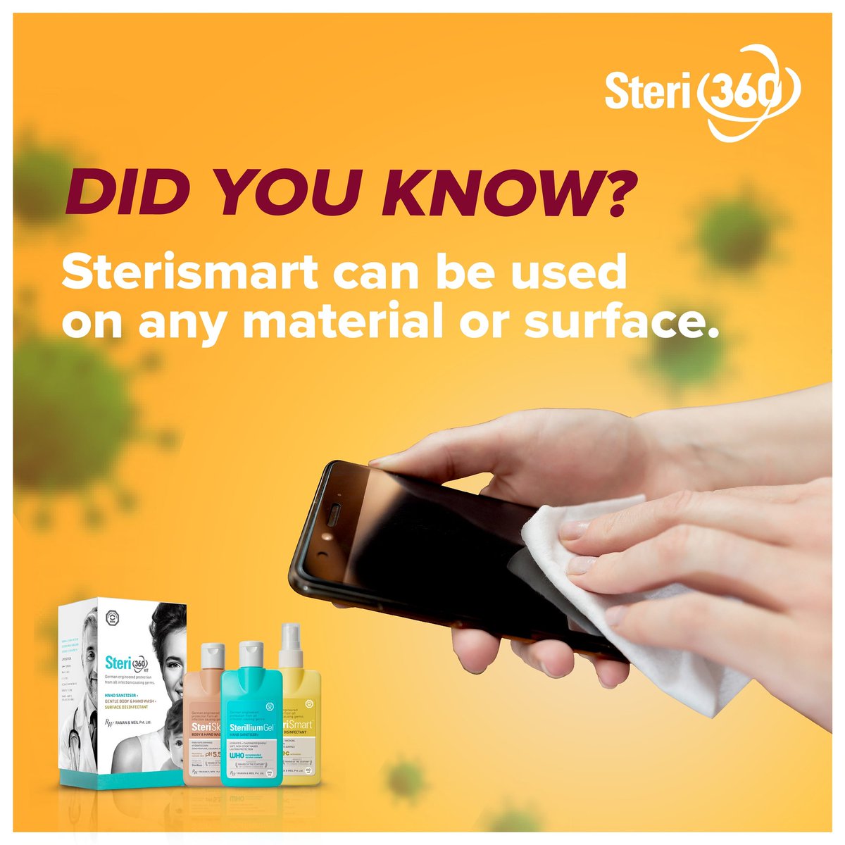 The SteriSmart surface disinfection can be sprayed on any surface for perfect disinfection, it’s quick action eliminates bacteria in less than 25 seconds and does not damage any surface.

#Steri360 #touch #care #Wash #Disinfect #science #amazon #flipkart #firstcryindia