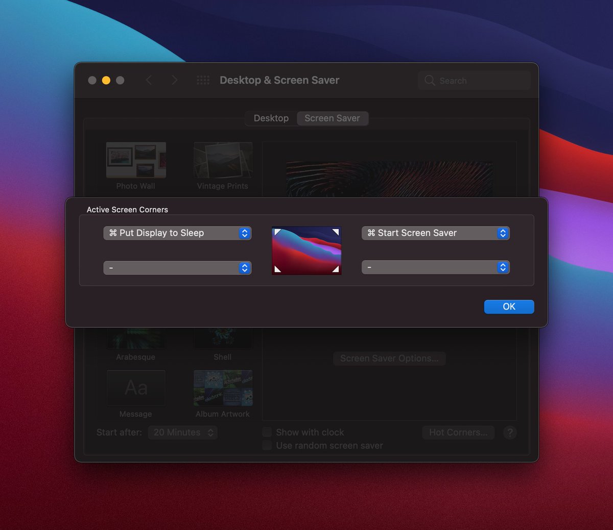 5. Hot CornersI like to have the top corners trigger the Screen Saver and Put Display to Sleep. It's a super easy way to "lock" you Mac when you're leaving your desk.You can hold modifier keys when selecting an option from the dropdown — helpful to avoid accidental triggers.