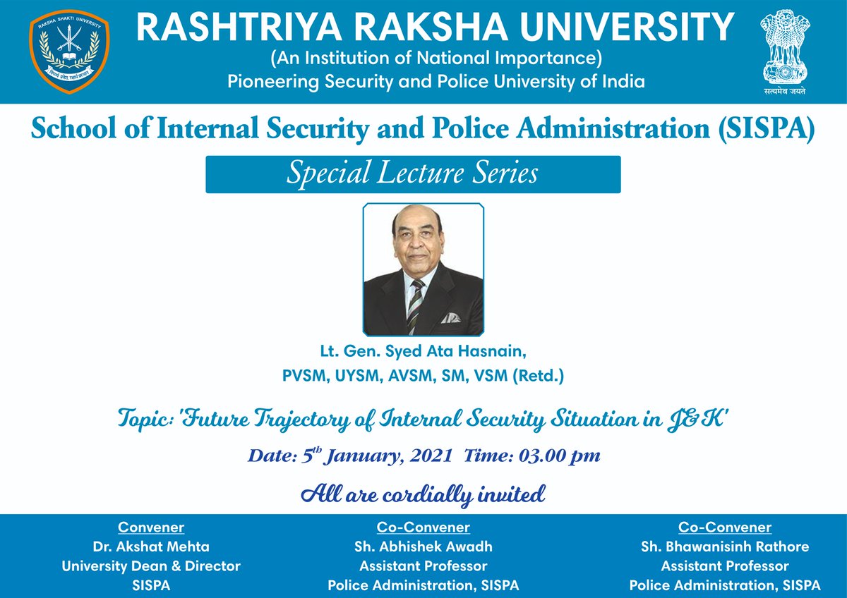 RakshaUni's tweet photo. @SISPA_RRU is here with a special lecture on 'Future Trajectory of Internal Security Situation in #JammuAndKashmir'.

Topic pertaining to the subject will be discussed in detail.

Register here - https://t.co/6gxiY9dJlH

#JammuKashmir #InternalSecurity #Security #RRU #SISPA https://t.co/LTcgtxvjZZ