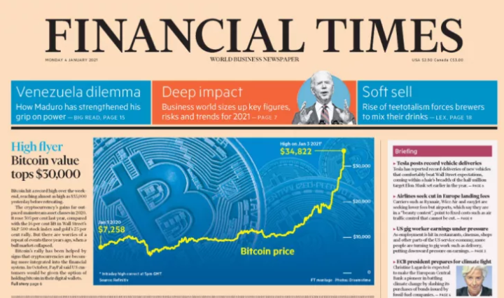 Dünyanın en büyük uluslararası iş gazetelerinden biri olan Financial Times ön sayfasında Bitcoin’in 30.000 $ ‘a yükselişine yer verdi. 

🔗coinlistesi.com/dunyanin-en-bu…