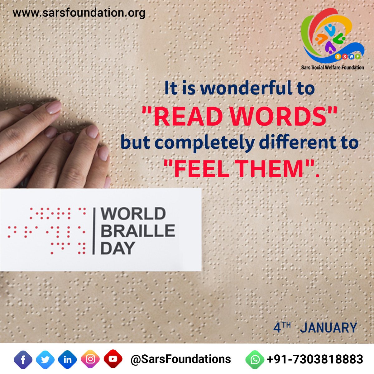SarsFoundations's tweet photo. Visual impairment should not stop anyone from living to the fullest. It is a different way to live life.
#WorldBrailleDay #4thJanuary #BrailleLanguage #WorldBrailleDay2021 #reading #action #SignLanguage #braille #blindness #IndianAssociationForTheBlind #visuallyimpaired https://t.co/dtsLwLzcSB