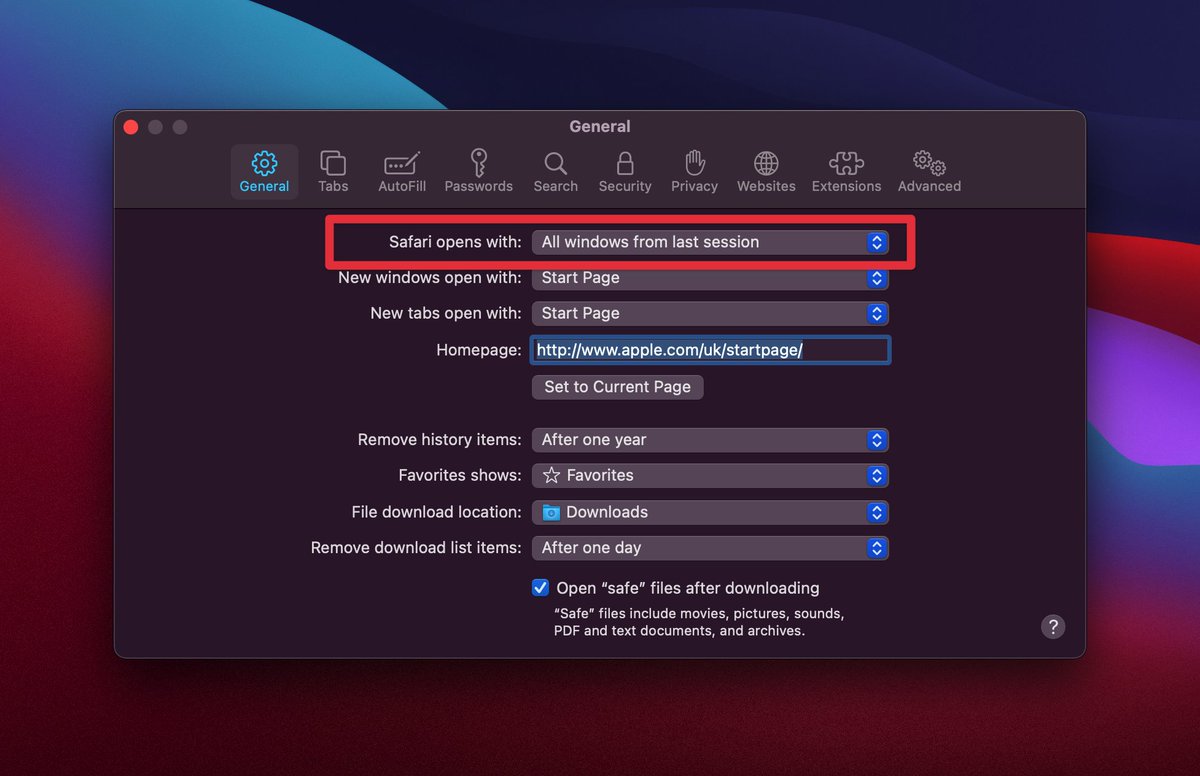 14. Safari: Open All Windows form last sessionNo need to freak out if you accidentally quit Safari, all your tabs will still be there when you open it again.