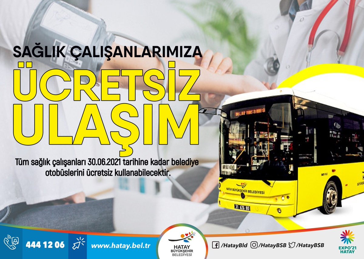 AsiGazetesi's tweet photo. Sağlık Çalışanlarına Ücretsiz Ulaşım Süresi Uzatıldı
Hatay Büyükşehir Belediyesi, Koronavirüs salgını nedeniyle sağlık çalışanlarının toplu taşıma araçlarından ücretsiz faydalanmaya devam edileceğini duyurdu.
#hatay #hataybb #toplutaşıma
#sağlıkçalışanları #ücretsizulaşım https://t.co/6bMHT9YOvi