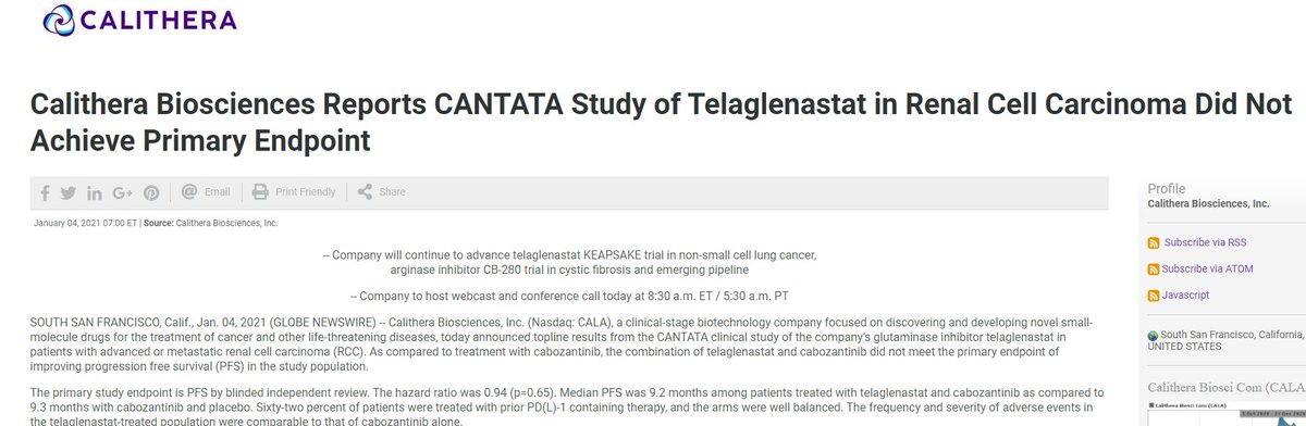 Toni Choueiri, MD (@drchoueiri) on Twitter photo 1/JUST IN: CANTATA study in metastatic ccRCC by <a href="/calithera/">Calithera Biosciences</a> is negative. Cabozantinib +/- Glutaminase inhibitor Telaglenastat results:
-mPFS 9.2 vs 9.3 months (HR 0.94)
-Arms well balanced
-62% prior PD1
Link to Press Release: bit.ly/38e0mh0 1/JUST IN: CANTATA study in metastatic ccRCC by <a href="/calithera/">Calithera Biosciences</a> is negative. Cabozantinib +/- Glutaminase inhibitor Telaglenastat results:
-mPFS 9.2 vs 9.3 months (HR 0.94)
-Arms well balanced
-62% prior PD1
Link to Press Release: bit.ly/38e0mh0