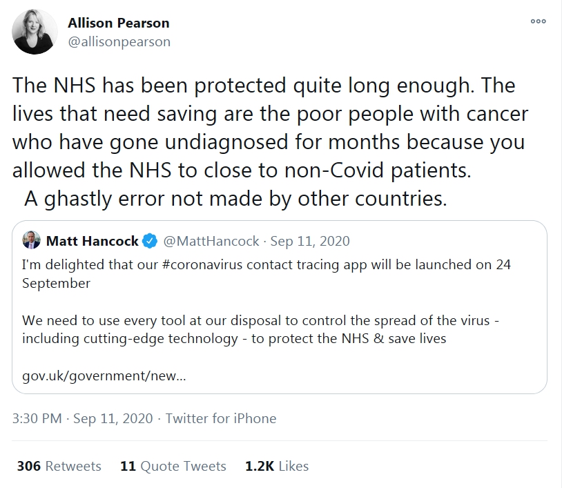 11/ Here's  @allisonpearson, yet again declaiming on subjects she's all too plainly willfully ignorant of. Does it also constitute part of a hate-campaign against the NHS? You be the judge. But you can't deny she doesn't have a clue. >73,000 dead in the UK https://twitter.com/allisonpearson/status/1304412120080150528