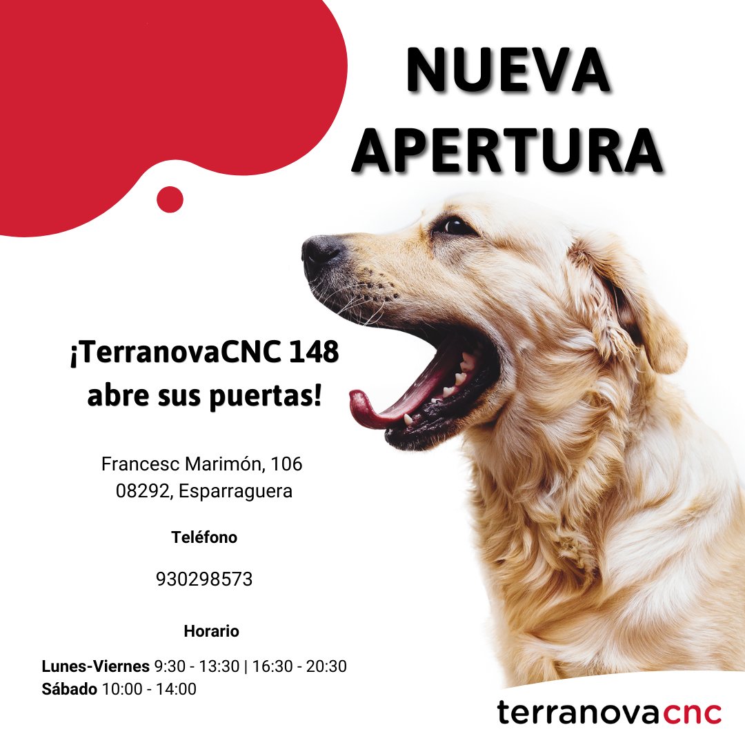 !!NUEVA APERTURA!!

TerranovaCNC 148 ya ha abierto sus puertas en Esparraguera.

Horario: Lunes - Viernes: 9:30 a 13:30h/ 16:30 a 20:30h. Sábado: 10:00h a 14:00h

93 029 85 73

C/ Francesc Marimón 106, Esparraguera (Barcelona) ❤️🐾

#terranovacnc #animales #mascotas