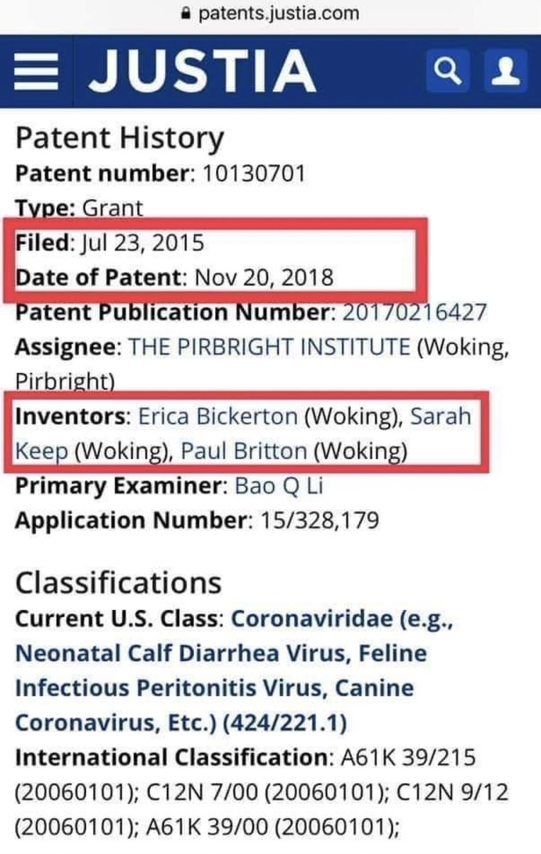 COVID-19 was patented in the U.S. (search the patent, it is available to the public which a lot of people are unaware)...the patent grant was filed in 2015 (see patent screenshot below)
