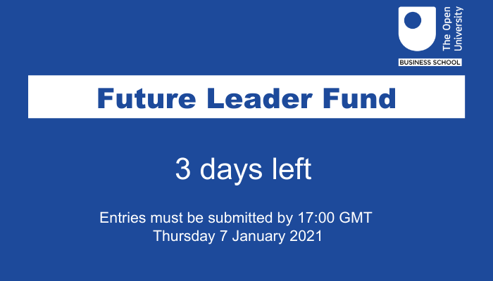 OUBSchool's tweet photo. 🚨 Future Leader Fund deadline approaching 🚨

Applying for our Future Leader #OU_MBA scholarship?

You have until 17:00 (GMT) on Thursday 7 January to submit your application 👇

https://t.co/g3Uk8A1xmO https://t.co/6RS1AqPPfO