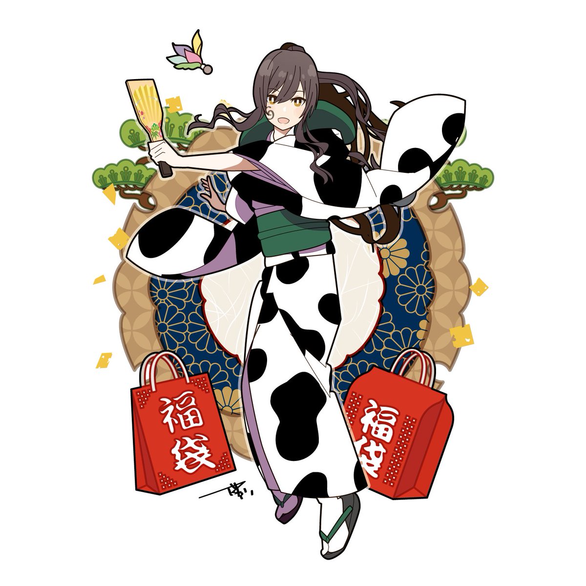 shirase sakuya 1girl japanese clothes kimono solo long hair cow print animal print  illustration images