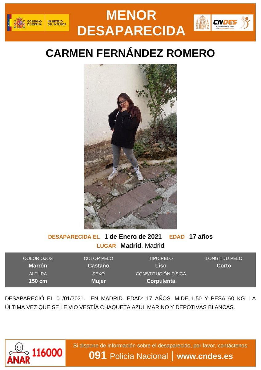 guardiacivil's tweet photo. 🆘#MUYURGENTE⚠️
Esta es Carmen, una #menor que ha #desaparecido en #Madrid 

Si la ves llámanos 
☎062
☎091
☎092
☎112
Colabora, tu RT no cuesta nada y es muy importante para localizarla https://t.co/869jGURc1U