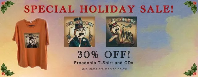 Winter music &amp; merch sale! Both Freedonia albums and our tees are available. Support musicians and stock up at 30% off. ☺️ FreedoniaBand.com
