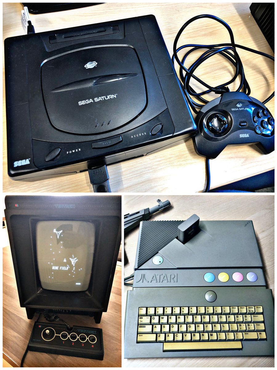 SWRetroComp's tweet photo. For today’s #RetroTrio we have the #Atari #XEGS, #MBElectronics #Vectrex and #Sega #Saturn. Which do you keep, gift and delete from history? #RetroComputing #ComputerHistory #RetroGaming #VideoGames https://t.co/hHiipKqTwp