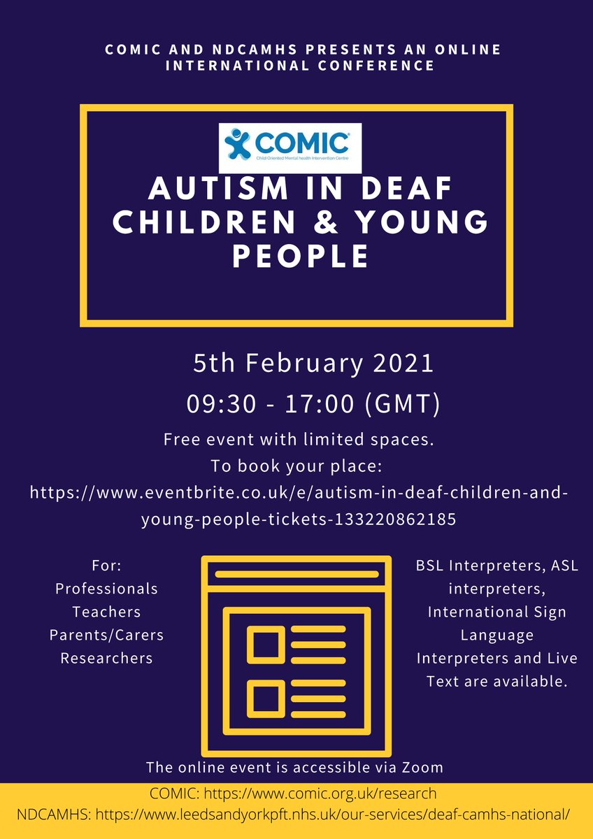 COMICResearchUK's tweet photo. COMIC are pleased to announce they are hosting a free online event on 5th Feb 2021 "Autism in deaf children and young people". Book your place soon to avoid disappointment: https://t.co/IWW75USfyB #DIADS #DeafChildren #Autism #Research https://t.co/DgpjRIRvXH