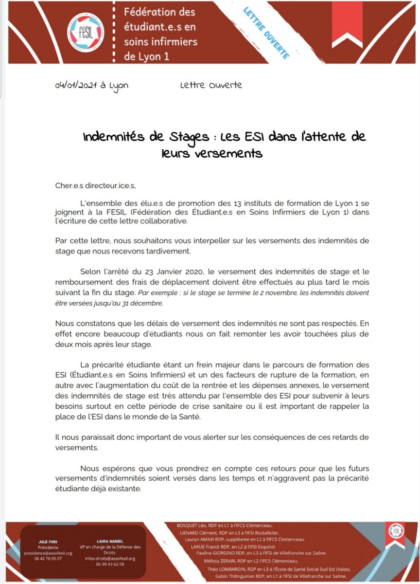 La_FESIL's tweet photo. ✉️\\ Lettre Ouverte //✉️

Les Elu.e.s des 13 IFSI de l'université Claude Bernard Lyon 1 se joignent à la FESIL pour dénoncer le versement des indemnités de stage perçu trop tardivement ! 
https://t.co/mbJ3M9QzBx https://t.co/Uw5UfKhxc1