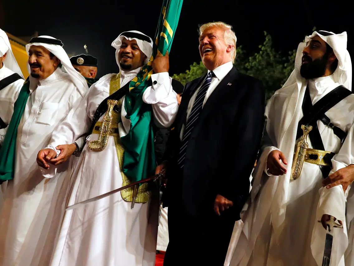 Bin salman took his place and was not ok with what alwaleed was doing.The second day the crowned prince and the king both submitted publicly the control over Saudi Arabia over too Donald J Trump. How do we know this? the sword of dance ritual