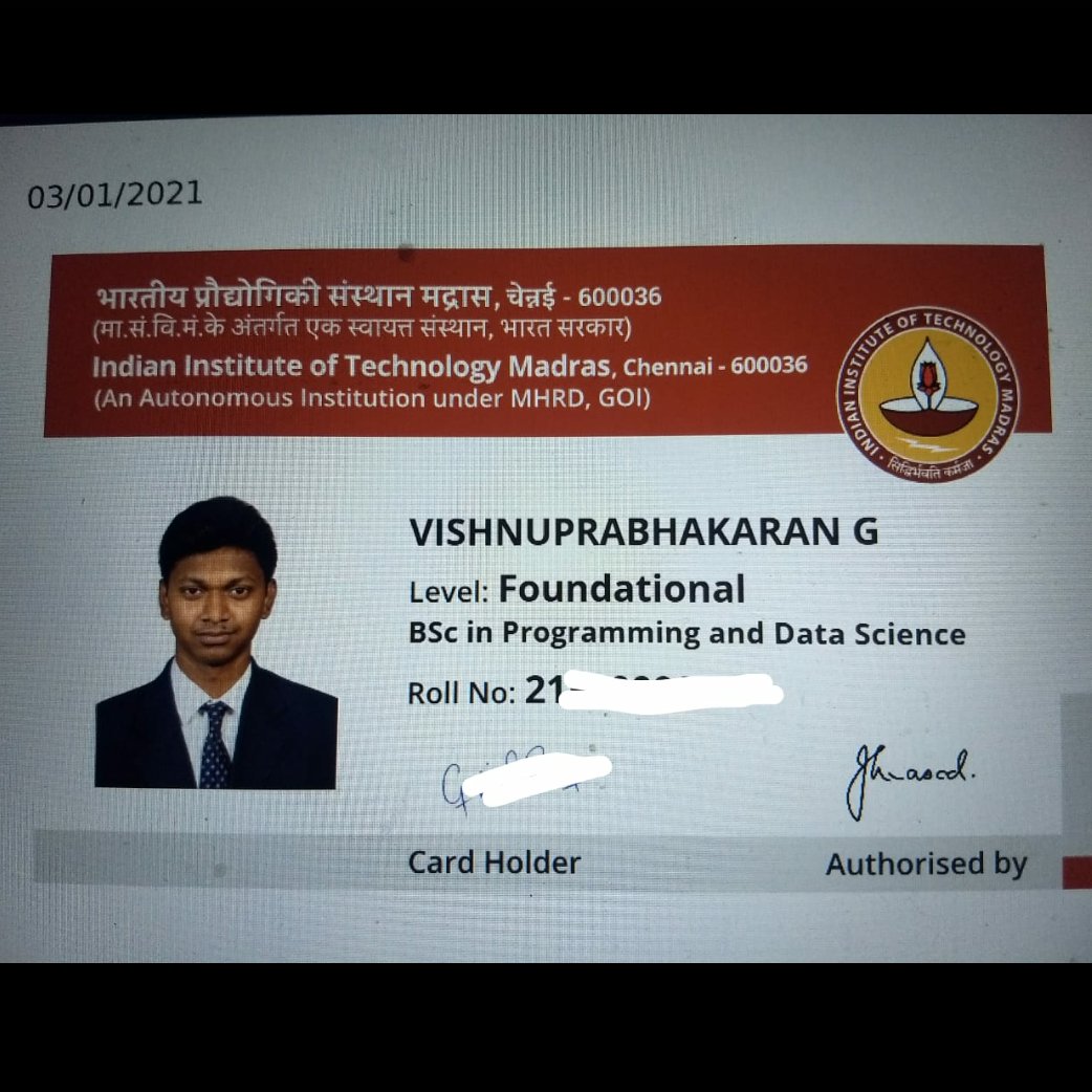 Successfully admitted into IITMadras..👍
For #BScDatascience foundation level