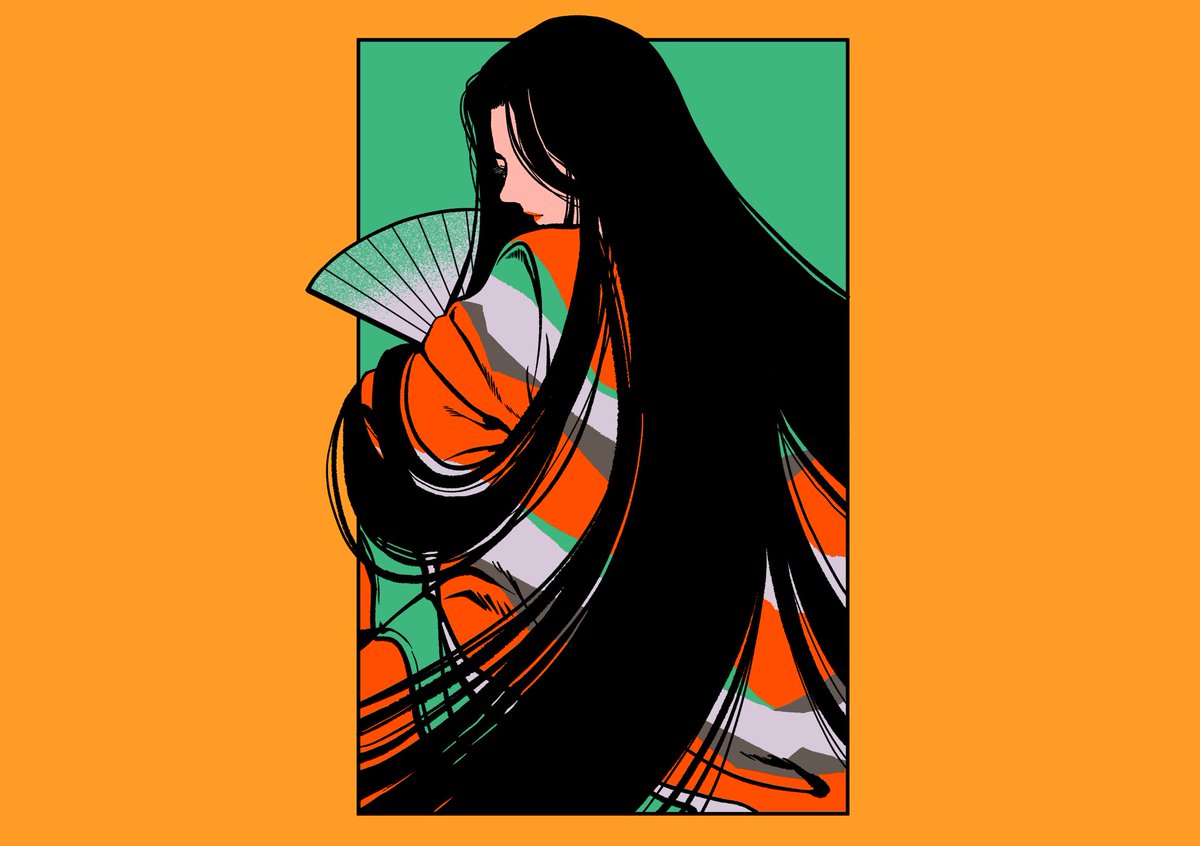 1girl long hair solo black hair japanese clothes kimono hand fan  illustration images