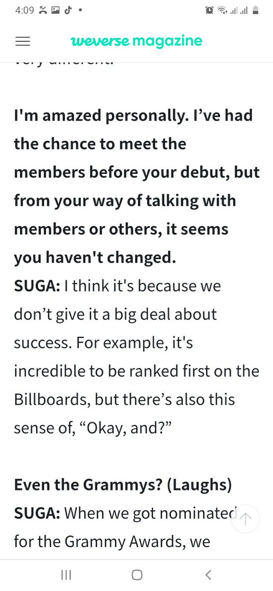 Reading Yoongi's interview on Weverse, I am reminded yet again of how exceptional they are as artists. This particular exchange embodies BTS's energy to me. When asked how they maintained humility, Yoongi takes the example of getting #1 on BBHot100, and the sense of "okay, and?"