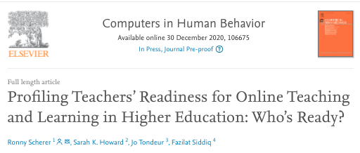 jotondeur's tweet photo. A new year, a new publication! Based on an international sample of 739 higher #education teachers this study sheds light on their readiness for #online teaching during #COVID19. Tnx team: Ronny, @sahoward_uow, @azilatu! 

https://t.co/E1Ztf9cKM6 #edtech #edchat #onlinelearning https://t.co/ZnTfFwsUbm