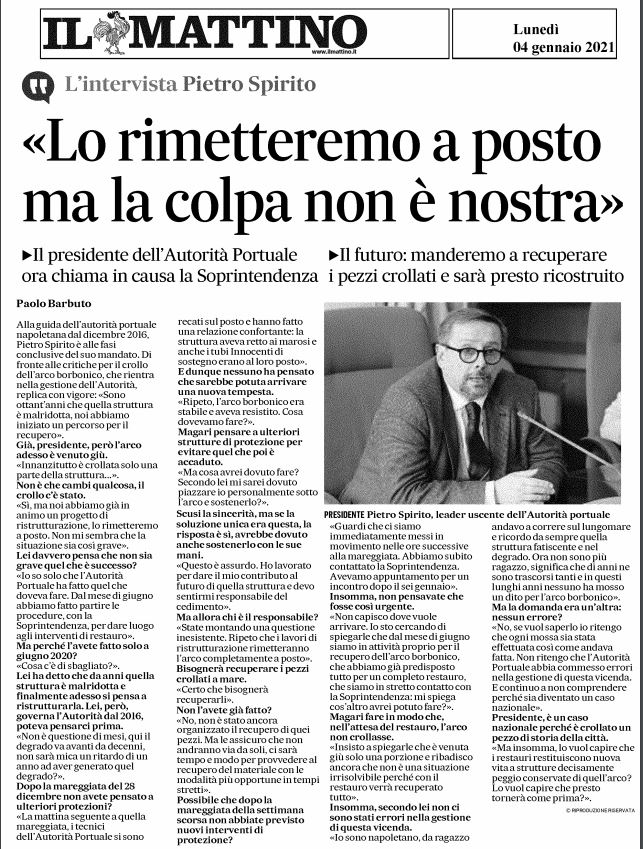 Intervista del Presidente <a href="/PietroSpirito1/">Pietro Spirito</a> sui danni subiti all'#arcoborbonico e sulla sua #ricostruzione. <a href="/mattinodinapoli/">Il Mattino</a>