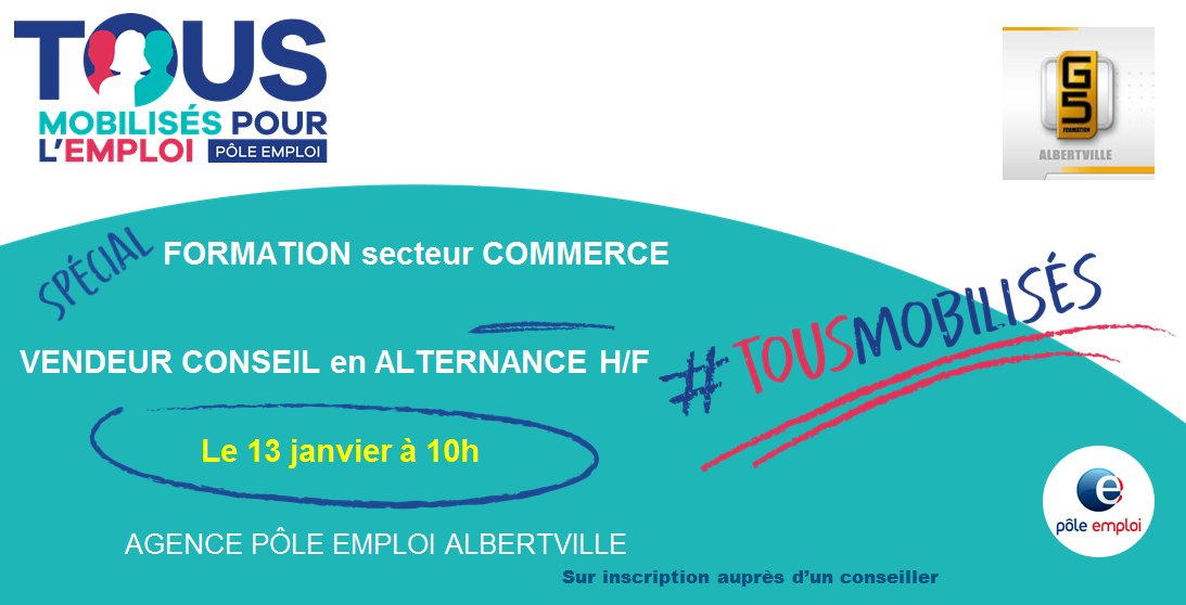 [#TousMobilisés] L'agence @poleemploi_ara #Albertville organise une ℹ️ avec <a href="/G5FORMATION/">G5 FORMATION</a> et un employeur le 13 janvier dans le cadre du lancement d'une #formation en #alternance de vendeur conseil H/F
Invitation sur inscription📧
#1jeune1solution #AvecPôleEmploi #Savoie #commerce