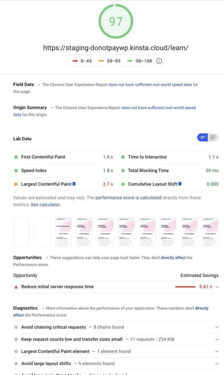 Thankful to work with truly amazing DoNotPay engineers. Site speed on all landing pages improved by 77% from 4.9s loading time to 1.1s. Google UX score from 66 to 97. Excited to deploy this morning!