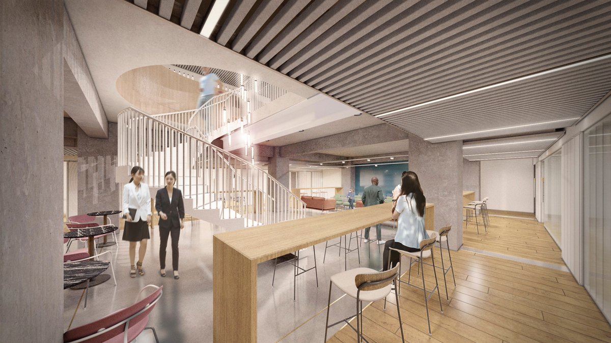 Our work at 9 Prescot Street for <a href="/CLSHoldings/">CLS Holdings plc</a> involves a reconfigured ground floor level with a new central reception/collaboration space at the heart of the building, acting as a social hub which is connected to shared workspaces via a feature stair.