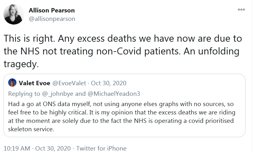 7/n I'll add that the below is a direct lie too.  @allisonpearson is yet once again downplaying deaths from  #COVID19; but then, as we shall see, she has quite a record of nontruthfulness on COVID_19. Meanwhile, the UK hospitals are filling up badly. https://twitter.com/allisonpearson/status/1322105842091626496