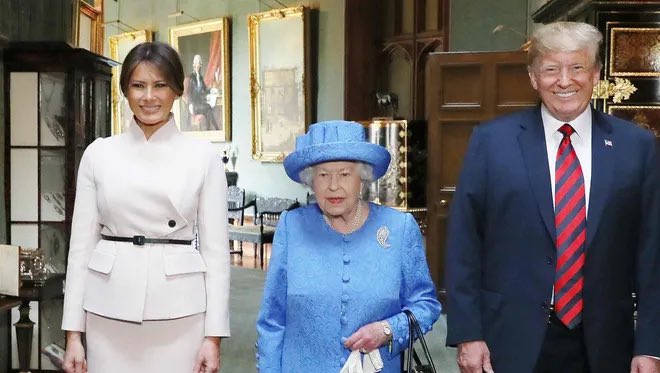 Trump arrived late for tea at Windsor with the queen, famously made her wait 15 minutes. The queen was wearing a special symbolic broach that her mother wore at Elizabeth’s fathers funeral king George in 1952