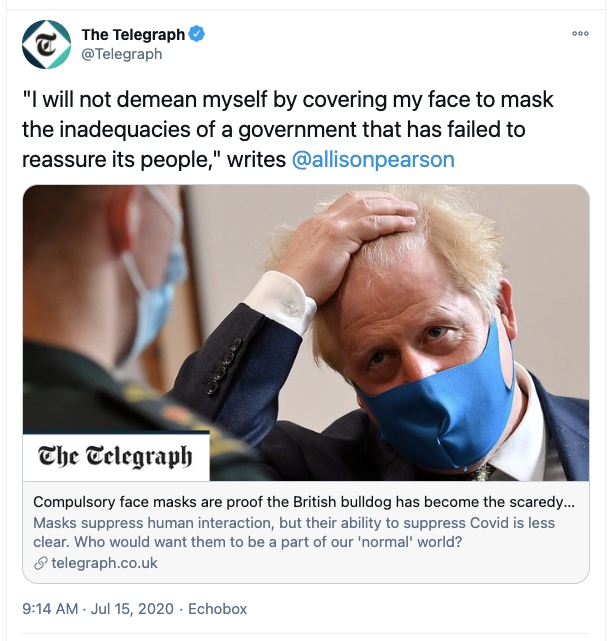 9/n  @allisonpearson directly claimed she did not post against "lockdowns, tracing and quarantine". As we shall see, that is simply grossly untrue. But here she is, posting against face-masks, in July. #AllisonPearson https://twitter.com/Telegraph/status/1283313952504655873