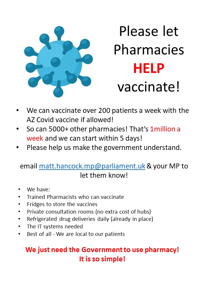 Each pharmacy can vaccinate over 200 patients a week with the vaccine if allowed! With 5000+ pharmacies - that’s over 1million a week and we can start within 5 days #CovidVaccine #HelpUsHelpYou #Pharmacy <a href="/MattHancock/">Matt Hancock</a> <a href="/BorisJohnson/">Boris Johnson</a> <a href="/NPA1921/">National Pharmacy Association</a> @PSNCNews