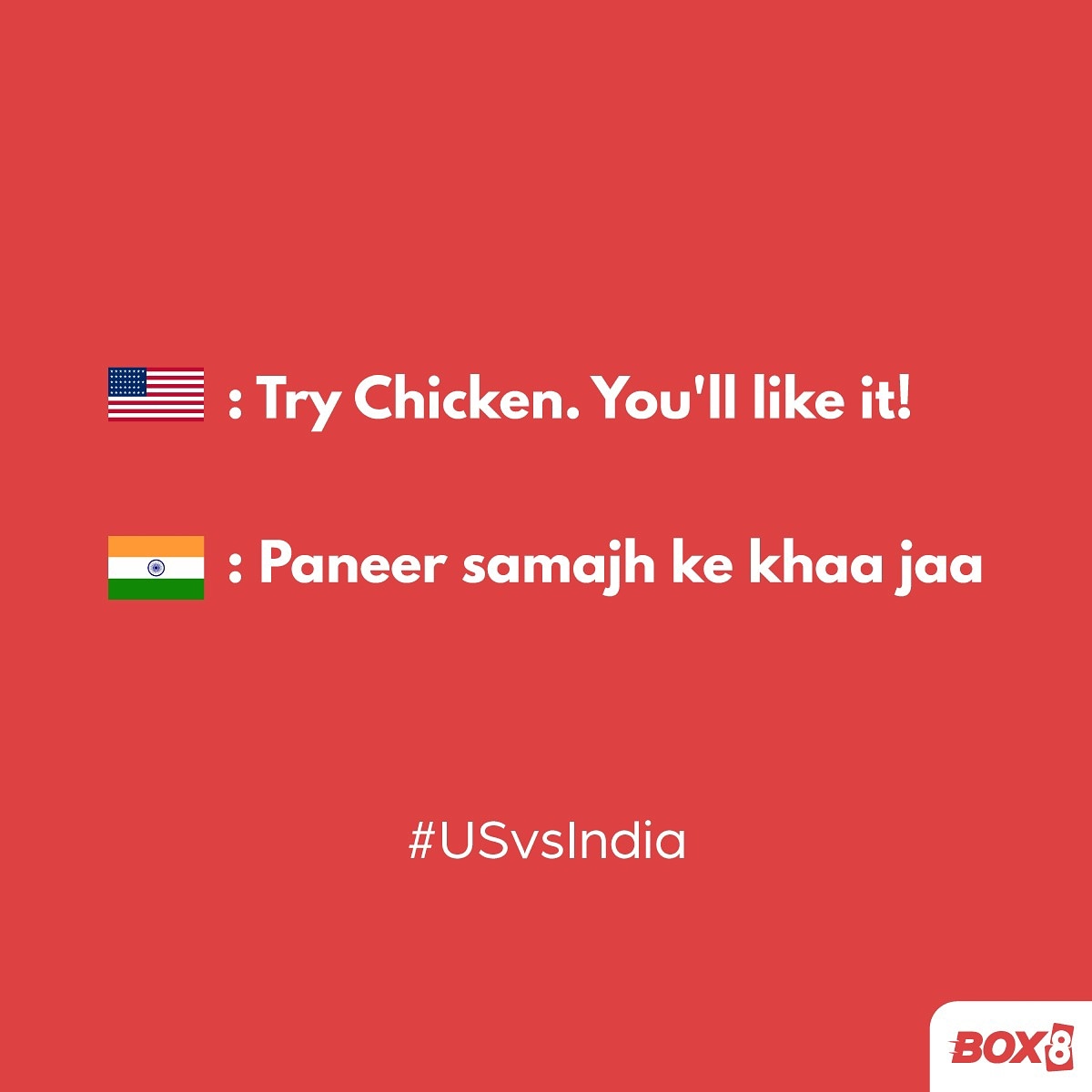 BOX8_in's tweet photo. Kab tak ghaas-poos khaega? Chicken try kar, ekdum paneer jaisa hai! 🇮🇳
#usvsindia #trendingformat #trending #trendingnow #trend #marketing #creative #creativespot #chicken #paneerdesi #butterchicken #lovedesi #desifood #DesiMeals #desi #justdesithings https://t.co/CdGjwwmHpP
