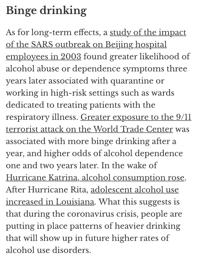 One things for sure, the longer lockdowns continue the more that ppl are gonna drink, which carries its own risks. For this reason, South Africa & Greenland have temporarily banned the sale of alcohol, but that wont fly here, so what are we going to do? https://theconversation.com/america-is-drinking-its-way-through-the-coronavirus-crisis-that-means-more-health-woes-ahead-135532