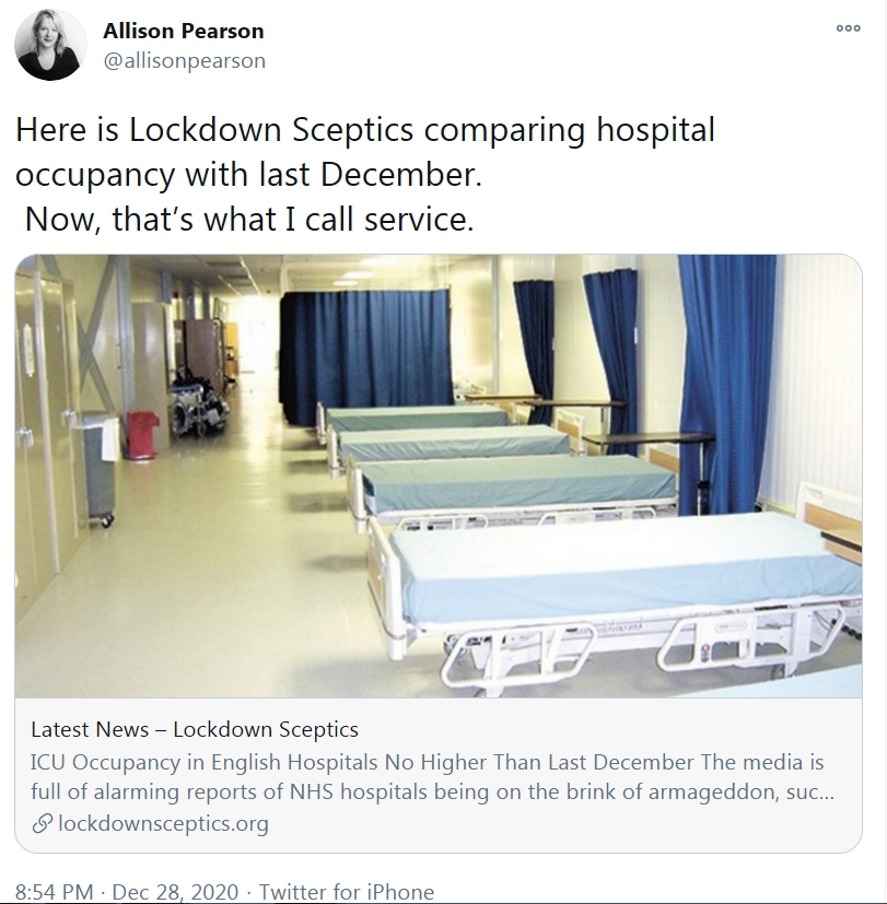 10/n Remember,  @allisonpearson expressly claimed she did not post against "lockdowns, tracing and quarantine". Here is  #AllisonPearson directly relaying a fakenews photo (it's NOT of an NHS ward) & yet another lie about what  #COVID19 will do to the UK https://twitter.com/allisonpearson/status/1343646609893175296