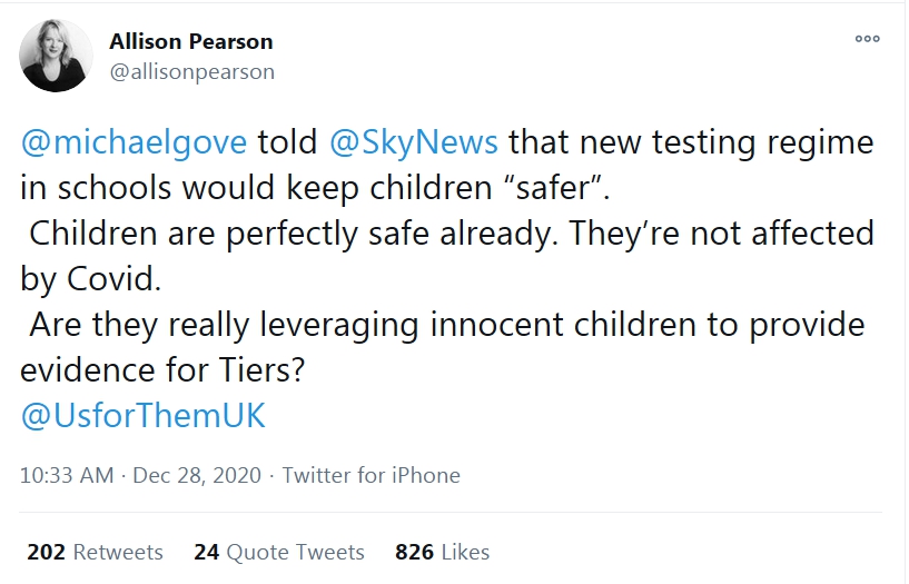 11/n  @allisonpearson pretends that "Children are perfectly safe ... not affected by Covid". Either a direct lie, or just utter idiocy from  #AllisonPearson, you be the judge. Children pass on  #COVID19 to others, & they get it too; long-term effects unknown https://twitter.com/allisonpearson/status/1343490127792844801