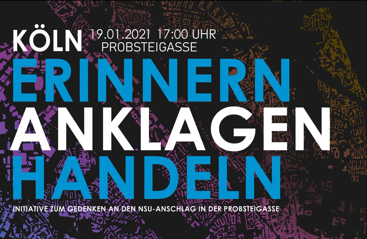 CologneK2's tweet photo. Am 19. Januar jährt sich der Anschlag der Terrororganisation #NSU in der Kölner #Probsteigasse zum 20. mal.
Den Aufruf zur Kundgebung findet ihr jetzt auch in polnisch, russisch und französisch auf https://t.co/dYectLR4a0
#k1901 https://t.co/Ir4qM7uPNc