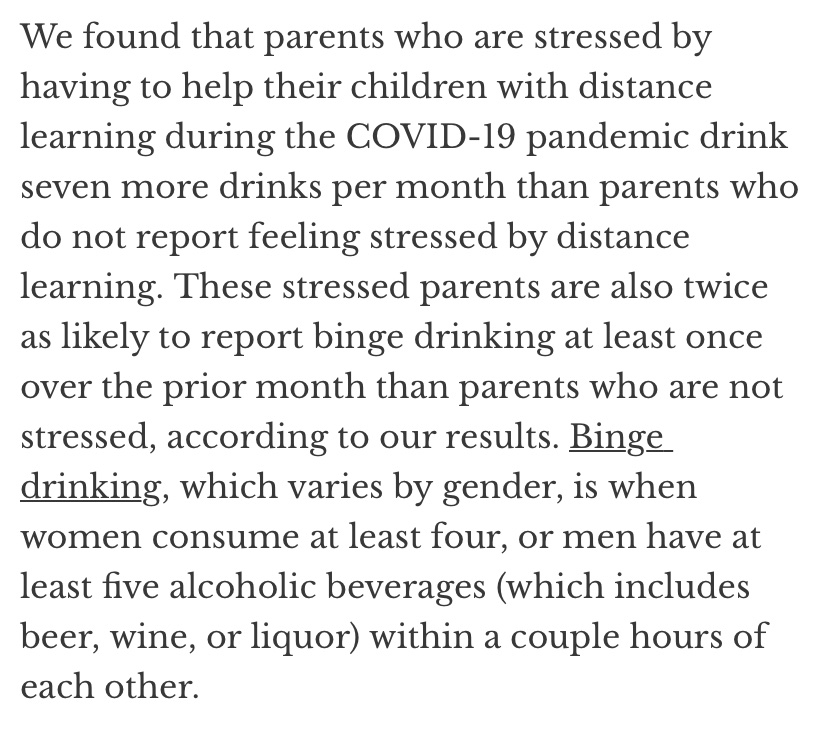 But at the very minimum we shouldn't try to sweep these problems under the carpet https://theconversation.com/parents-with-children-forced-to-do-school-at-home-are-drinking-more-143164