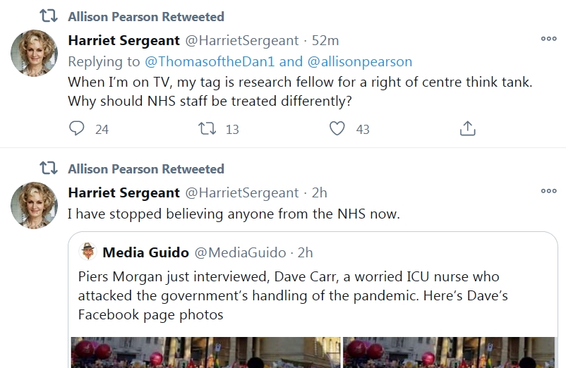 12/n   @allisonpearson expressly claimed not to be involved in a hate-campaign against the NHS.  #AllisonPearson just retweeted these two bits of unbased drivel hating on the NHS *as a whole*. So Pearson's direct claim might well be considered a lie.