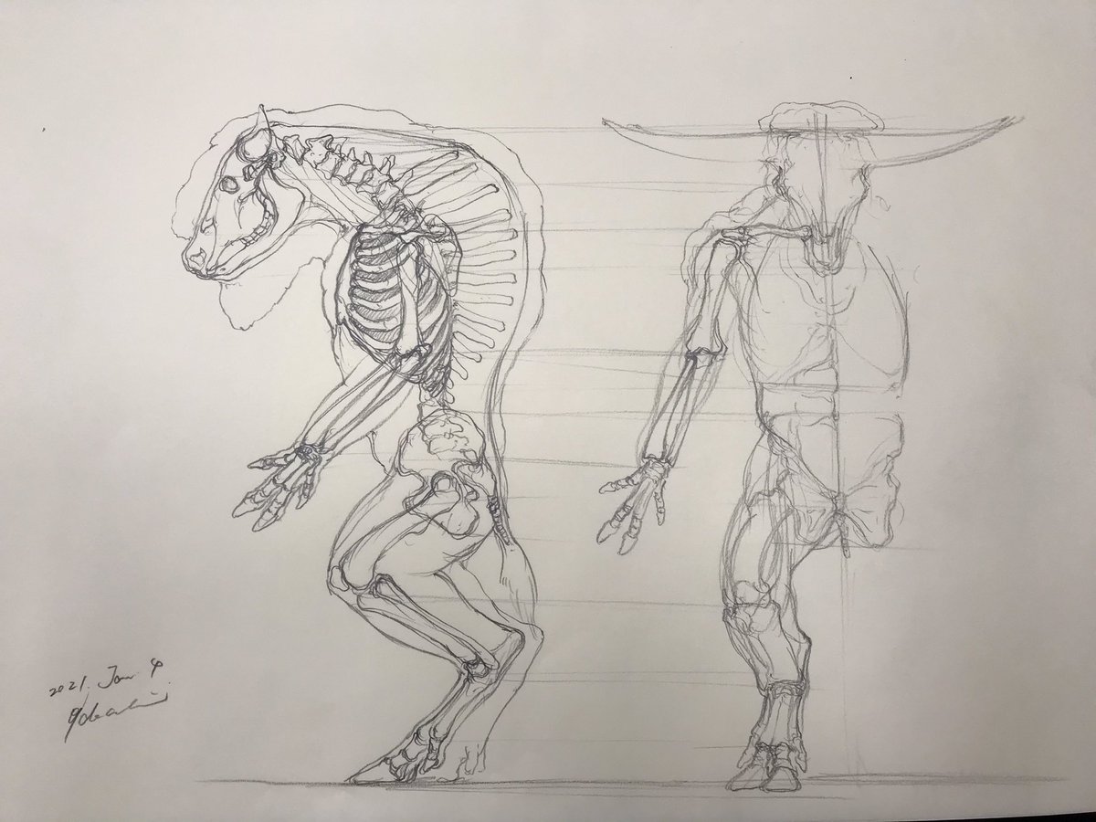 先日、描いたバイソンベースのミノタウルスの骨格図のラフスケッチ。 