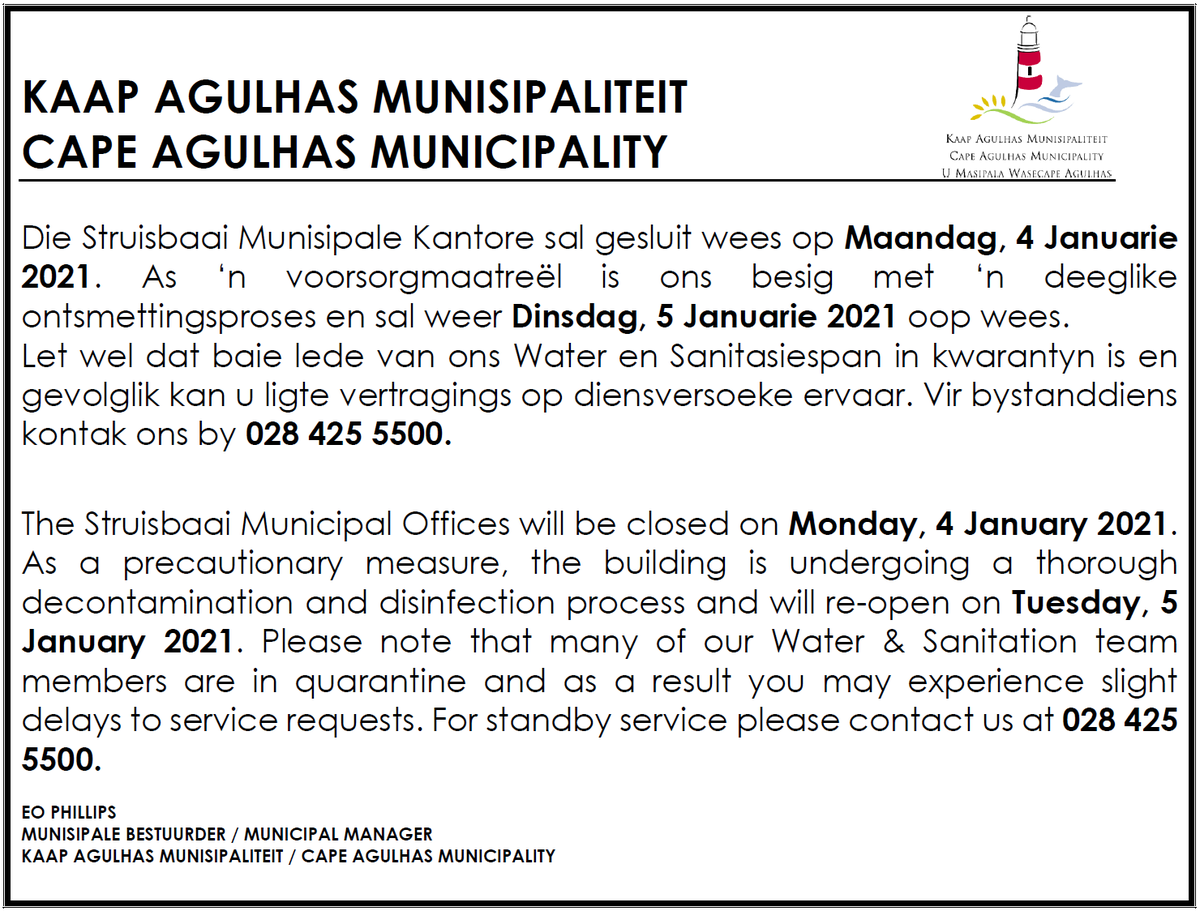Temporary closure Struisbaai municipal offices