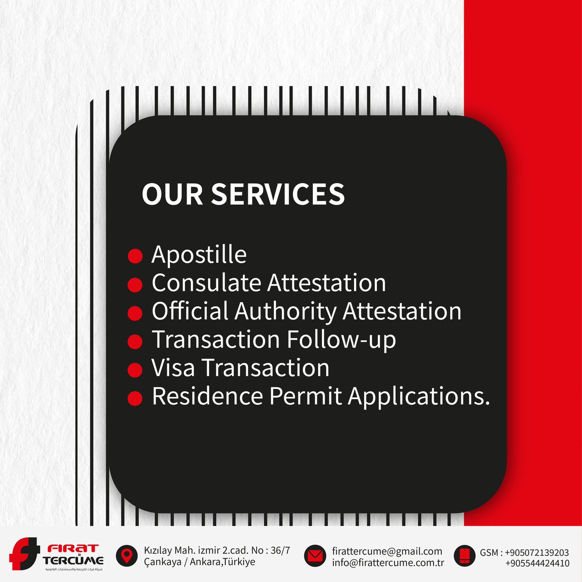 FiratTrans's tweet photo. خدماتنا-Our Services -Hizmetlerimiz
#Tercüme #tercume #tranzlation #turkey #Türkiye #ankara #istanbul #istanbul #Kızılay #تركيا #انقرة #ترجمة https://t.co/dQMlHpln11