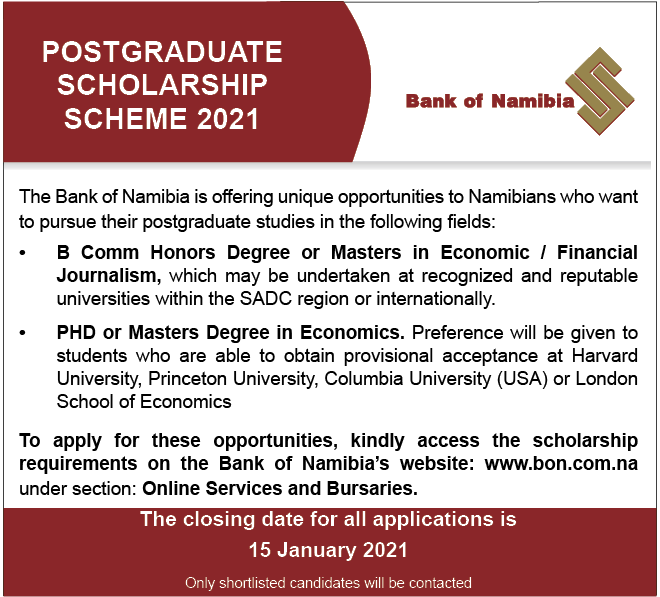 BankofNamibia's tweet photo. #Scholarship | The Bank of Namibia is offering unique opportunities to Namibians who want to pursue their #postgraduate studies in the following fields:

Kindly access the requirements here: https://t.co/AnxinsuIEd https://t.co/gFSYFypzuZ