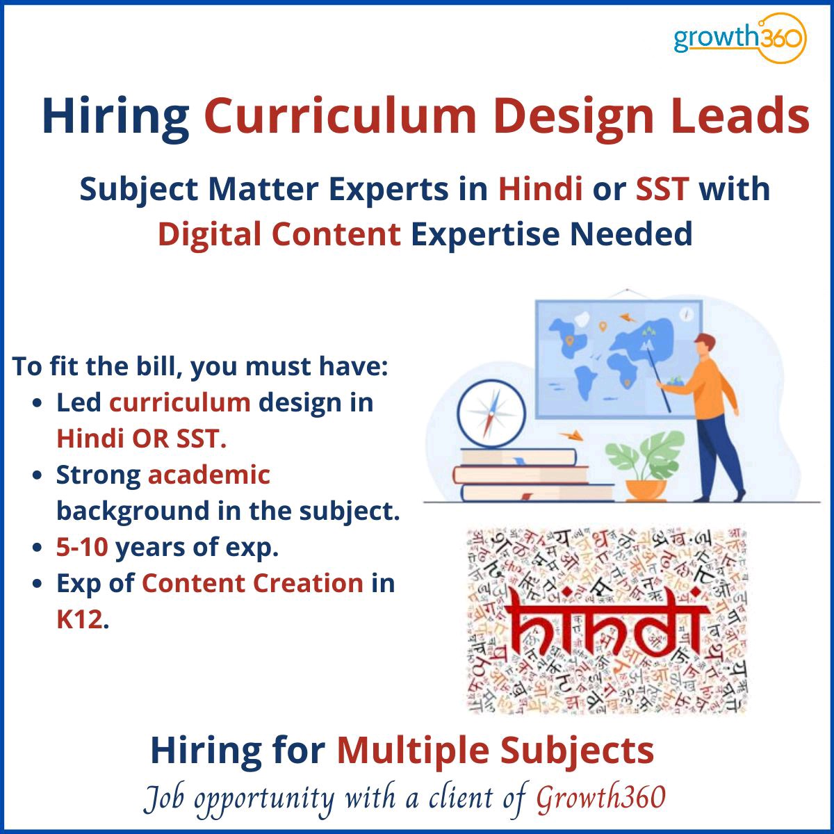 Growth3602's tweet photo. If you have a deep subject matter understanding and pedagogy of these subjects then you can write to us at write2us@growth360.in or you can apply at
- For SST- https://t.co/bHUaaNlO2R.
- For Hindi- https://t.co/7YQc0klGfz.
#hiring #growth360 #EducationOperations #edtech https://t.co/urJ9yCrEyr