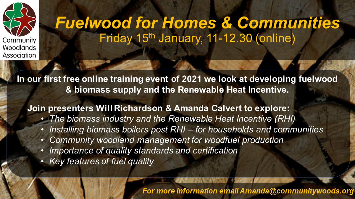 Happy New Year! CWA is delighted to start 2021 with a new series of free online training events for members.

Join us at 11am on Friday 15th January to explore Fuelwood for Homes &amp; Communities. 

Full details tinyurl.com/ydyvseuf
Zoom registration tinyurl.com/ycrkjkt5