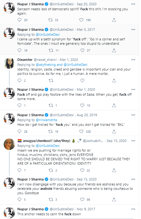 2/4 Dr.  @Swamy39 ,that Abuse Putri is just into all expletives with 4 letter f words. She is a woman and a editor but she knows no public decency or anything , All are unprovoked abuses . Show how much puerile innuendo her words are with many referring just private parts.