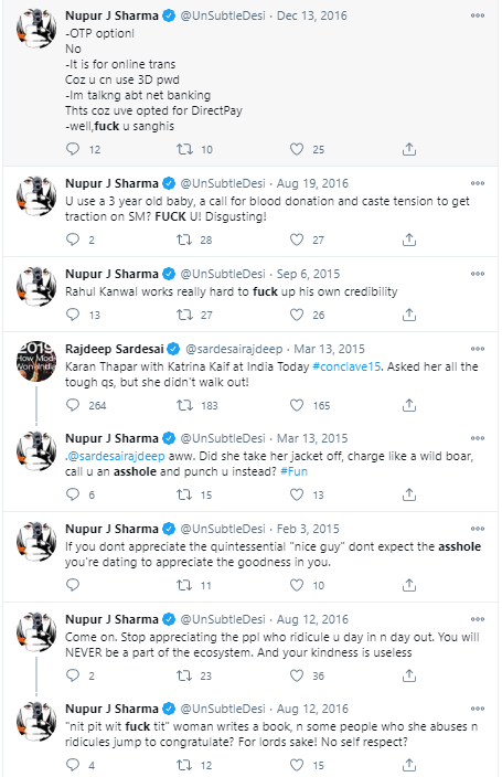 2/4 Dr.  @Swamy39 ,that Abuse Putri is just into all expletives with 4 letter f words. She is a woman and a editor but she knows no public decency or anything , All are unprovoked abuses . Show how much puerile innuendo her words are with many referring just private parts.