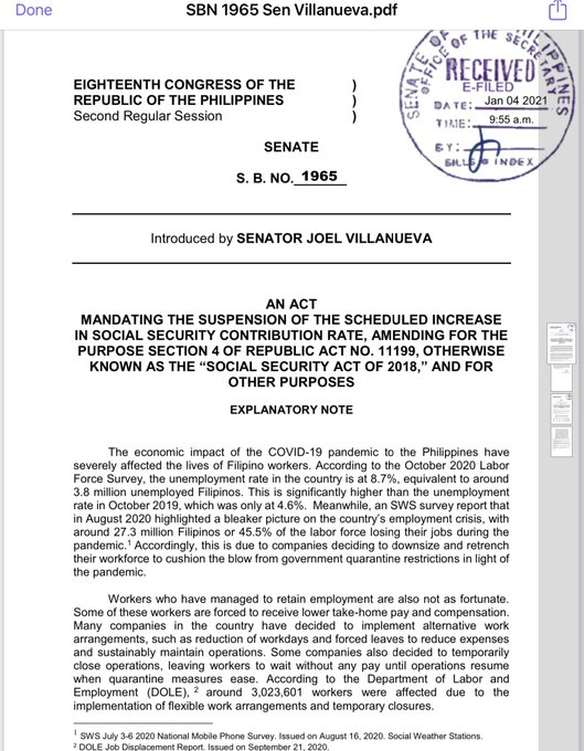 dzbb's tweet photo. Senator @senatorjoelv, naghain ng panukalang batas na nagpapasuspinde sa pagtataas ng contribution rate sa SSS. | via @nimfaravelo https://t.co/5fCN28GUlT