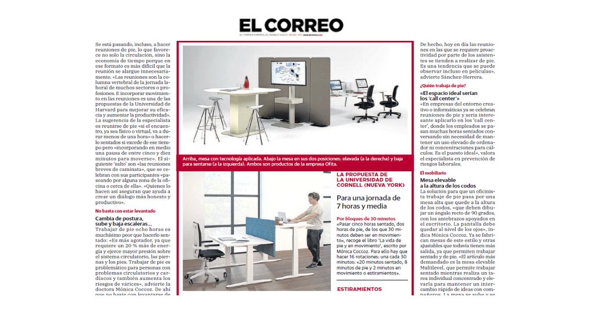 Ofitamobiliario's tweet photo. El diario @elcorreo_com destaca la #ergonomía de la #MesaElevable de #Ofita Multilevel y los beneficios para la #salud derivados de utilizar mesas de este tipo https://t.co/EWJ80J2RMQ
