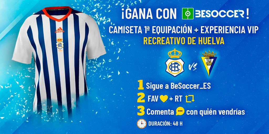 ¿Aún no tienes 🎁 para los Reyes Magos? ¡Atento! Gana la 👕 del <a href="/recreoficial/">RC Recreativo de Huelva</a> y una experiencia VIP ante el Cádiz.

1⃣ Sigue a <a href="/besoccer_ES/">BeSoccer</a> 
2⃣ ❤️ y RT
3⃣ Comenta con quién vendrías 
⏳ ¡Solo 48 horas!

🗞️ Bases legales bit.ly/2IK13UF

#BeSoccerSorteo