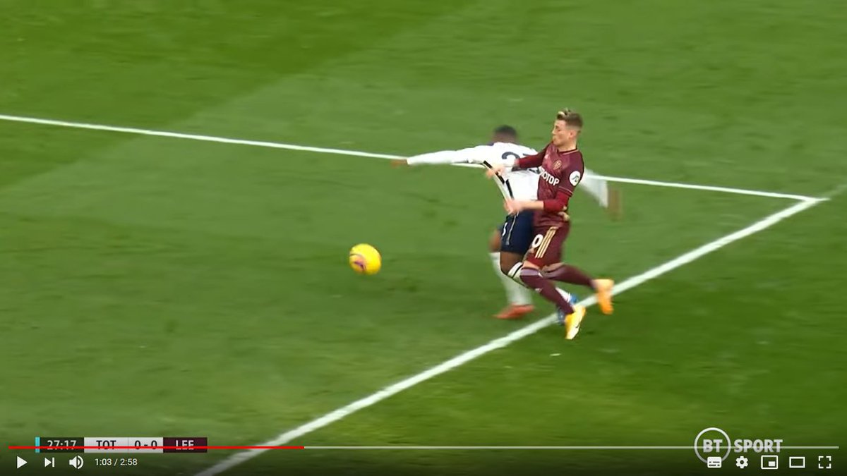 The frame chosen by the VAR, who again was Paul Tierney, could perhaps have been marginally later than it should have been. Note it is Alioski's right leg that causes the foul, which is obscured here and is further forward than the image may initially suggest.